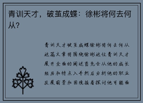 青训天才，破茧成蝶：徐彬将何去何从？
